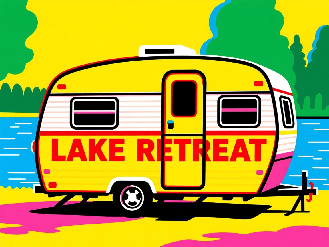 Vintage travel trailer parked by a lake