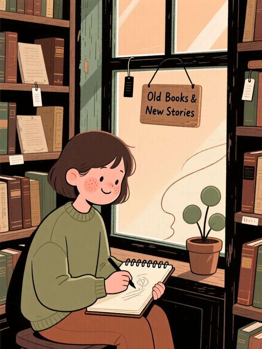 A young writer sits by the window of a small old bookstore, sketching in a notebook as the smell of old paper and leather fills the air.