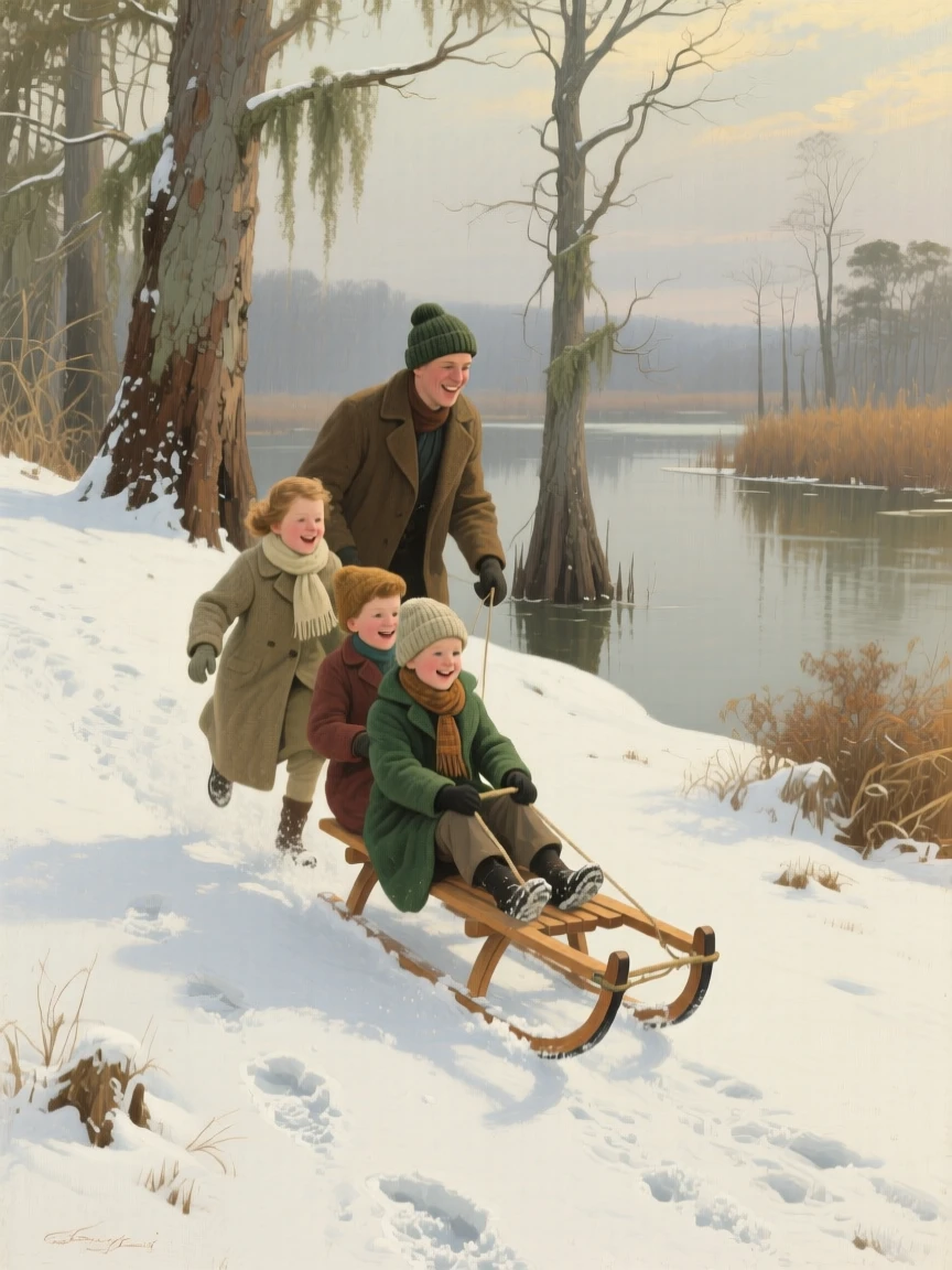 A well-framed scene of a family sledding down a snowy hillside, in the Louisiana bayou, in the 1950s.