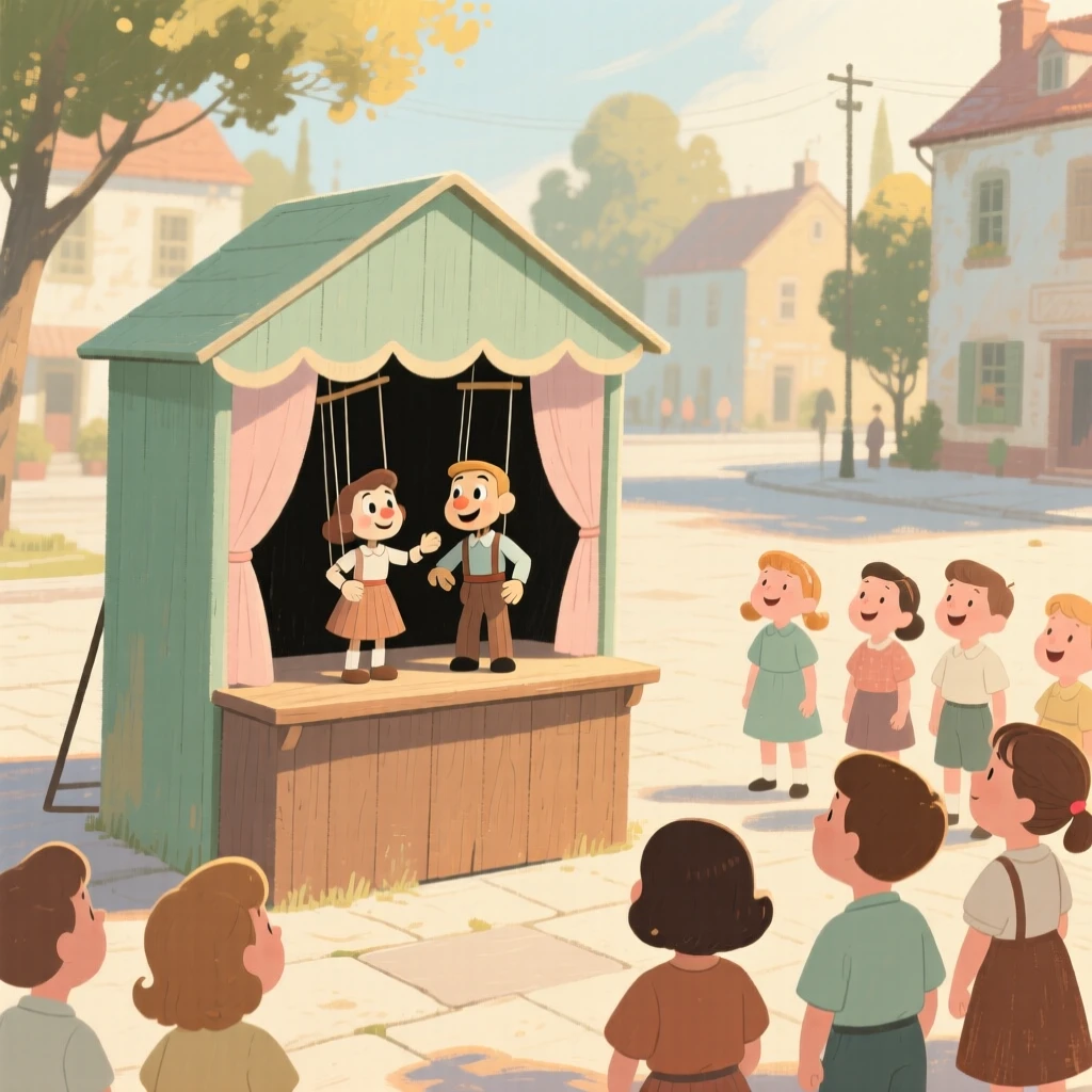A puppet show performed for delighted children in a village square