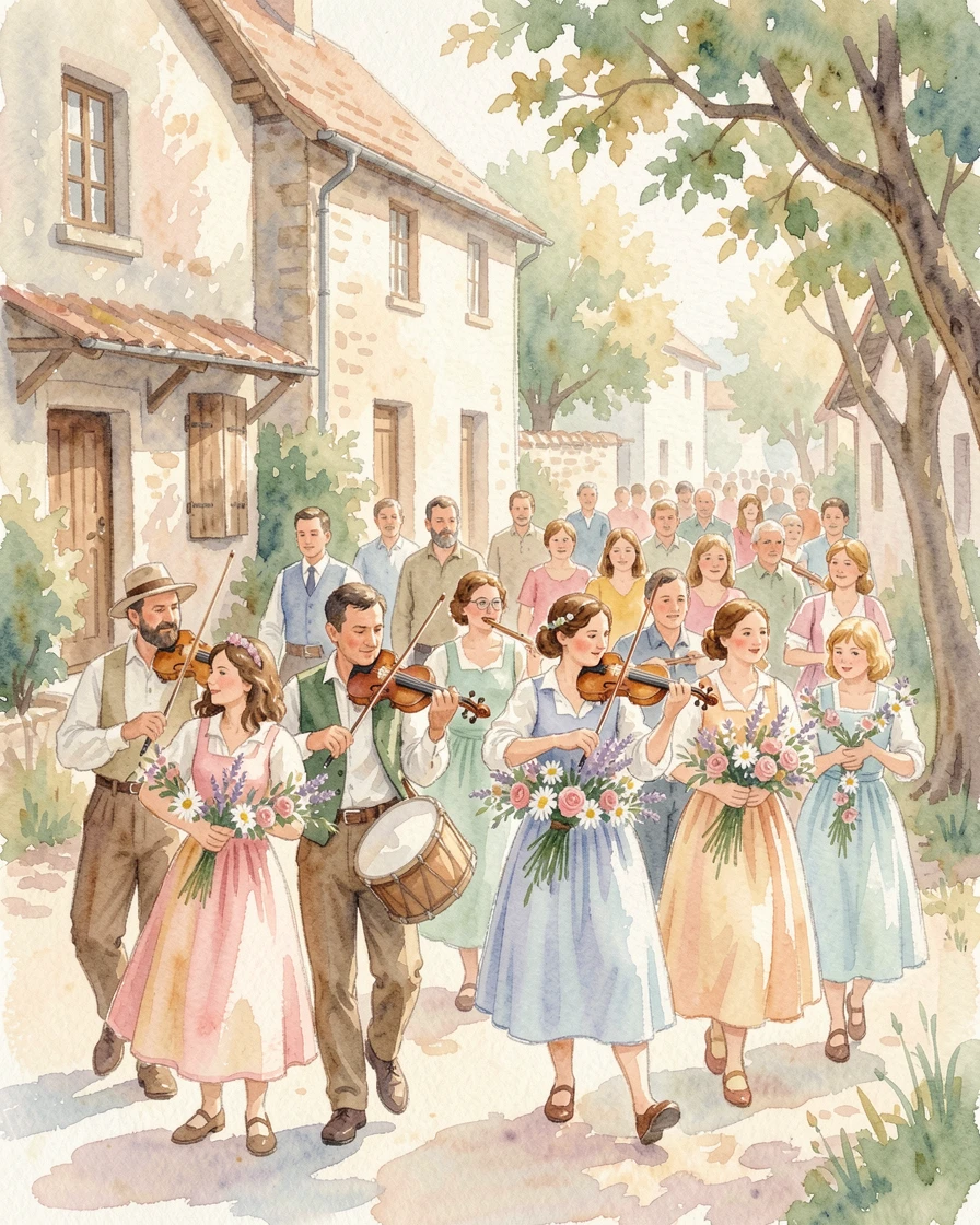 A traditional wedding procession with musicians and flowers with the whole community joining in.