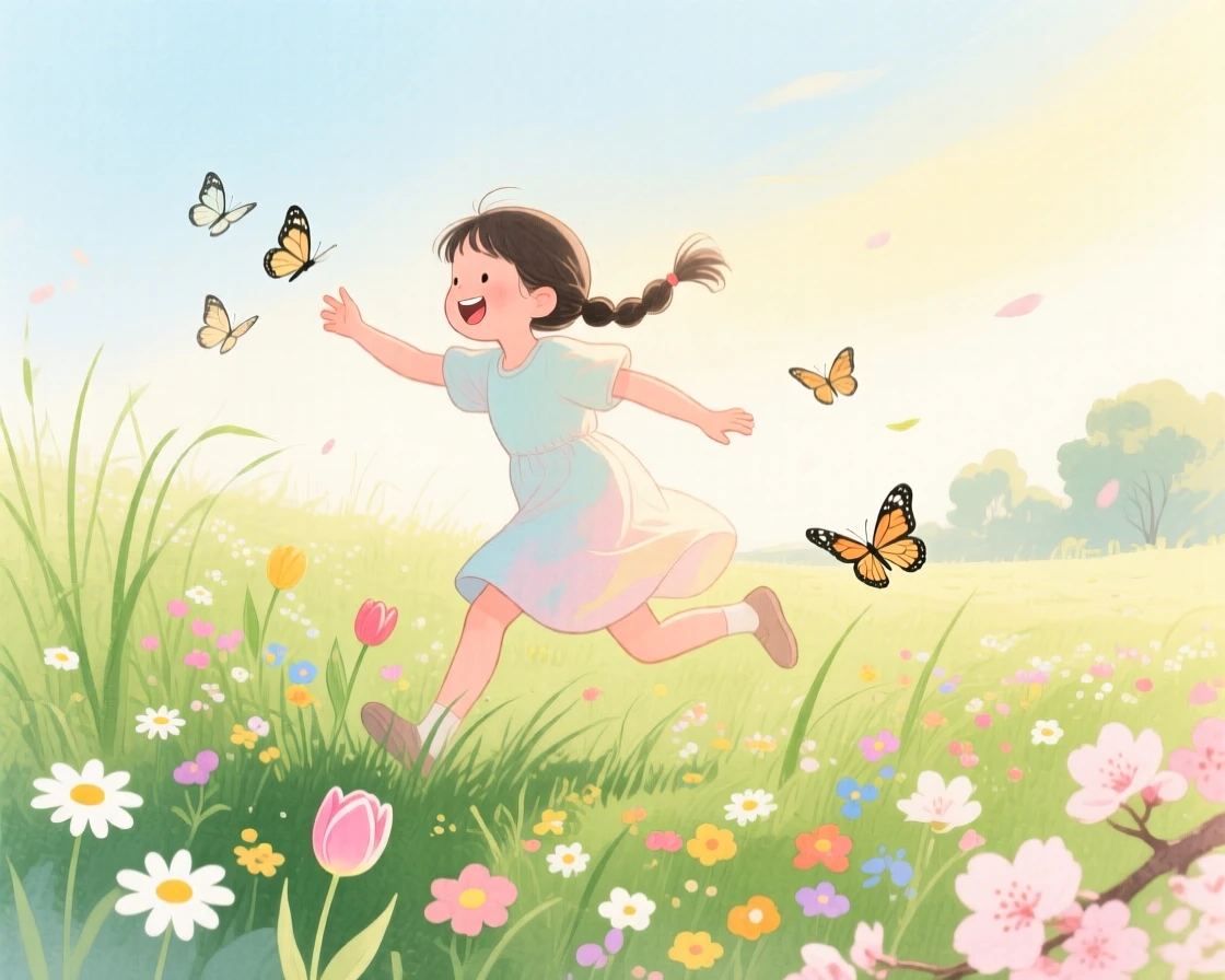 A girl with pigtails chases butterflies through the grass in a blooming spring garden, laughter and joy filling the warm afternoon air