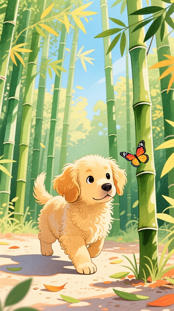 A fluffy golden retriever puppy discovering something new in a bamboo grove on a warm summer day.