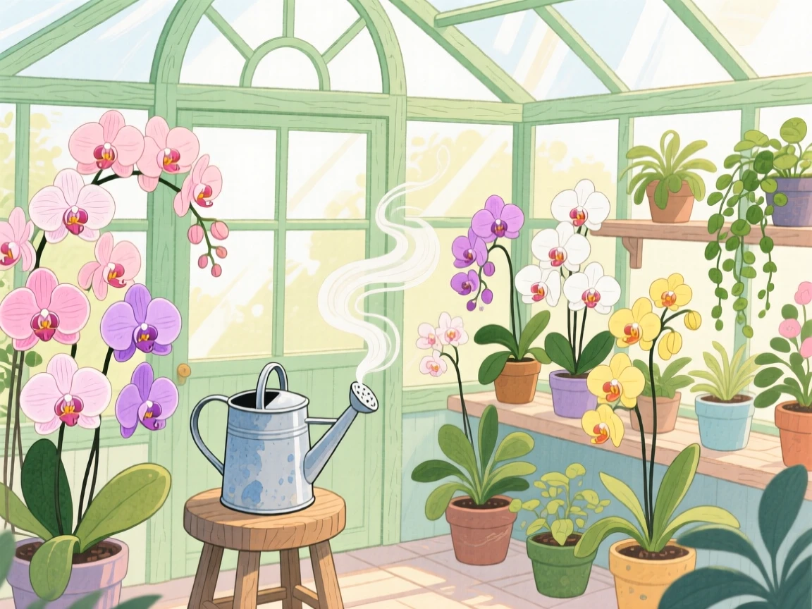 A greenhouse filled with blooming orchids and a watering can resting on a stool, with steam curling gently upward, evoking deep comfort and contentment.