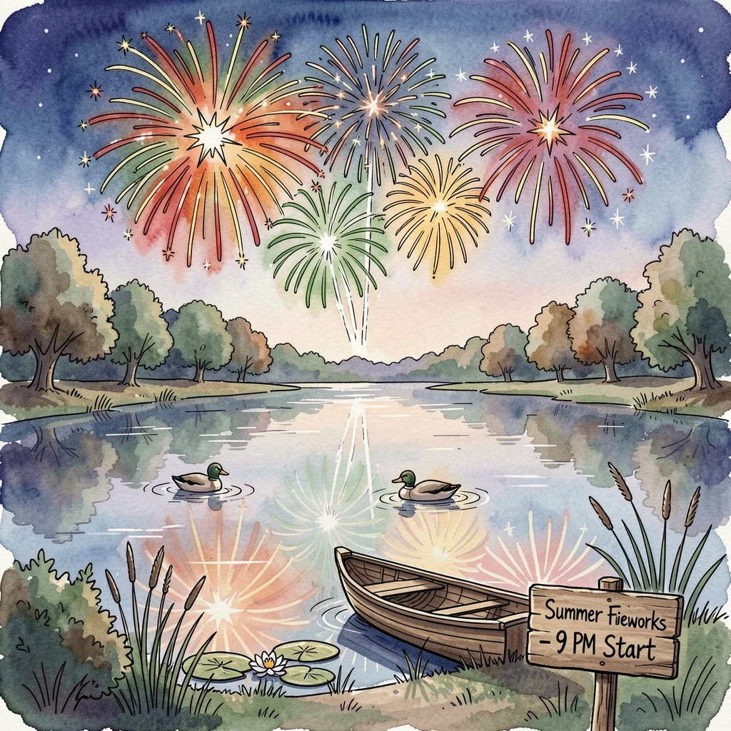 A summer fireworks show reflected in a calm lake, small decorative details adding charm throughout.