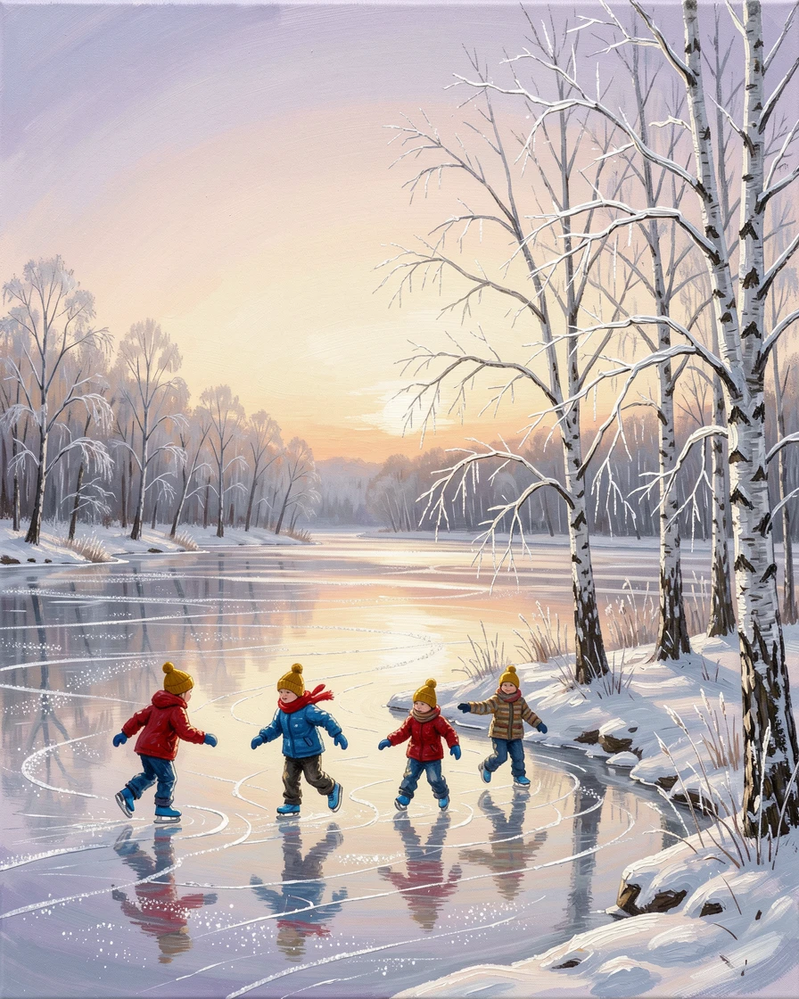 At first light, frost glittering on every surface, an ice-covered lake surrounded by bare winter trees, beside a frozen pond ringed with frosted trees, children skating across the frozen surface.