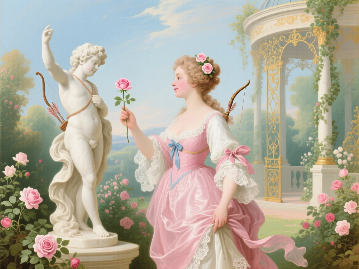 A woman representing love, standing beside a statue of Cupid with a rose in hand  
