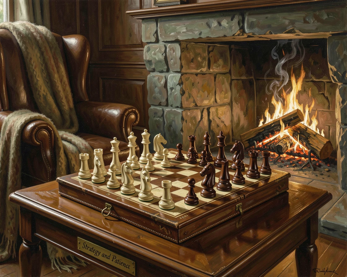 A leather-bound chess set mid-game beside a crackling fireplace, arranged with careful, deliberate elegance, capturing timeless beauty through carefully chosen objects