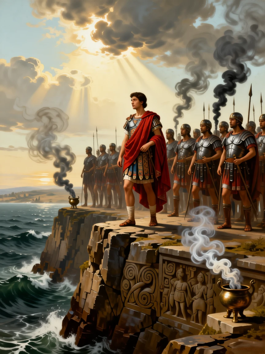 Julius Caesar crossing the Rubicon with his legions behind him with every eye fixed on the unfolding drama, set atop a cliff overlooking a stormy sea, as smoke from ceremonial braziers curls upward past carved friezes; the horizon splits the scene between earthly struggle and divine light, radiating triumph tempered by solemn sacrifice.