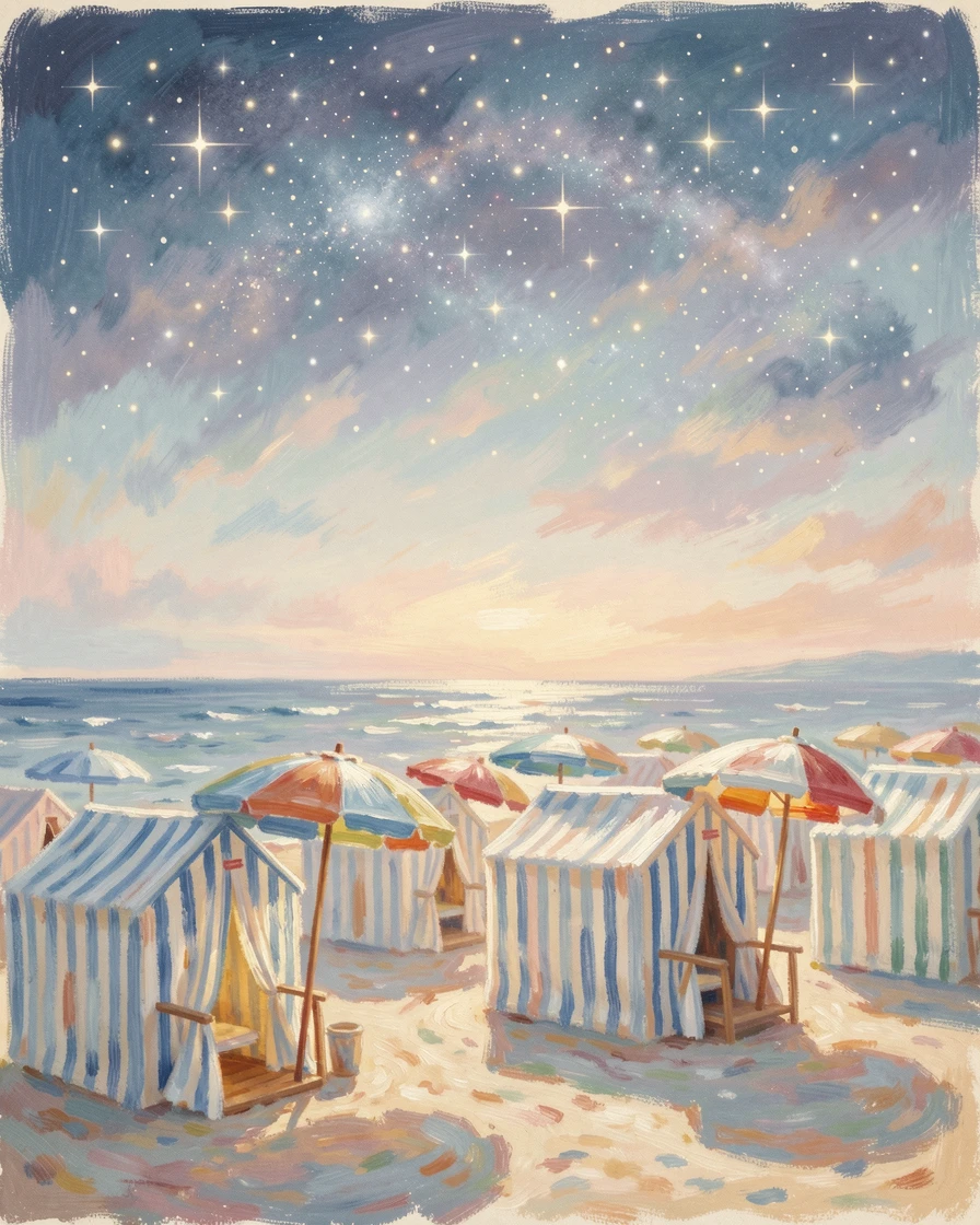 A vintage seaside postcard scene of striped bathing tents and parasols along a sunny 1920s beach, under a canopy of stars, inspiring awe at the beauty of the scene.