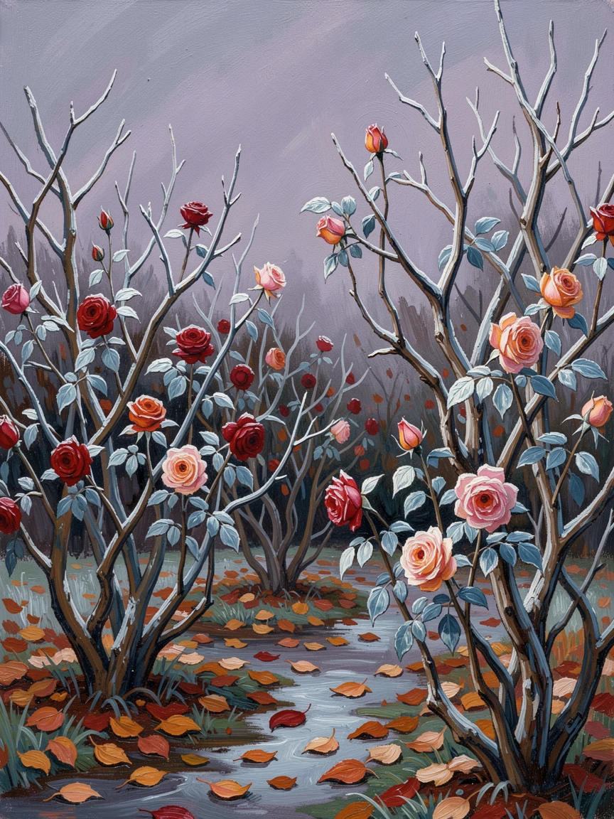 A frost-kissed rose garden in late autumn, the last blooms clinging to bare stems.