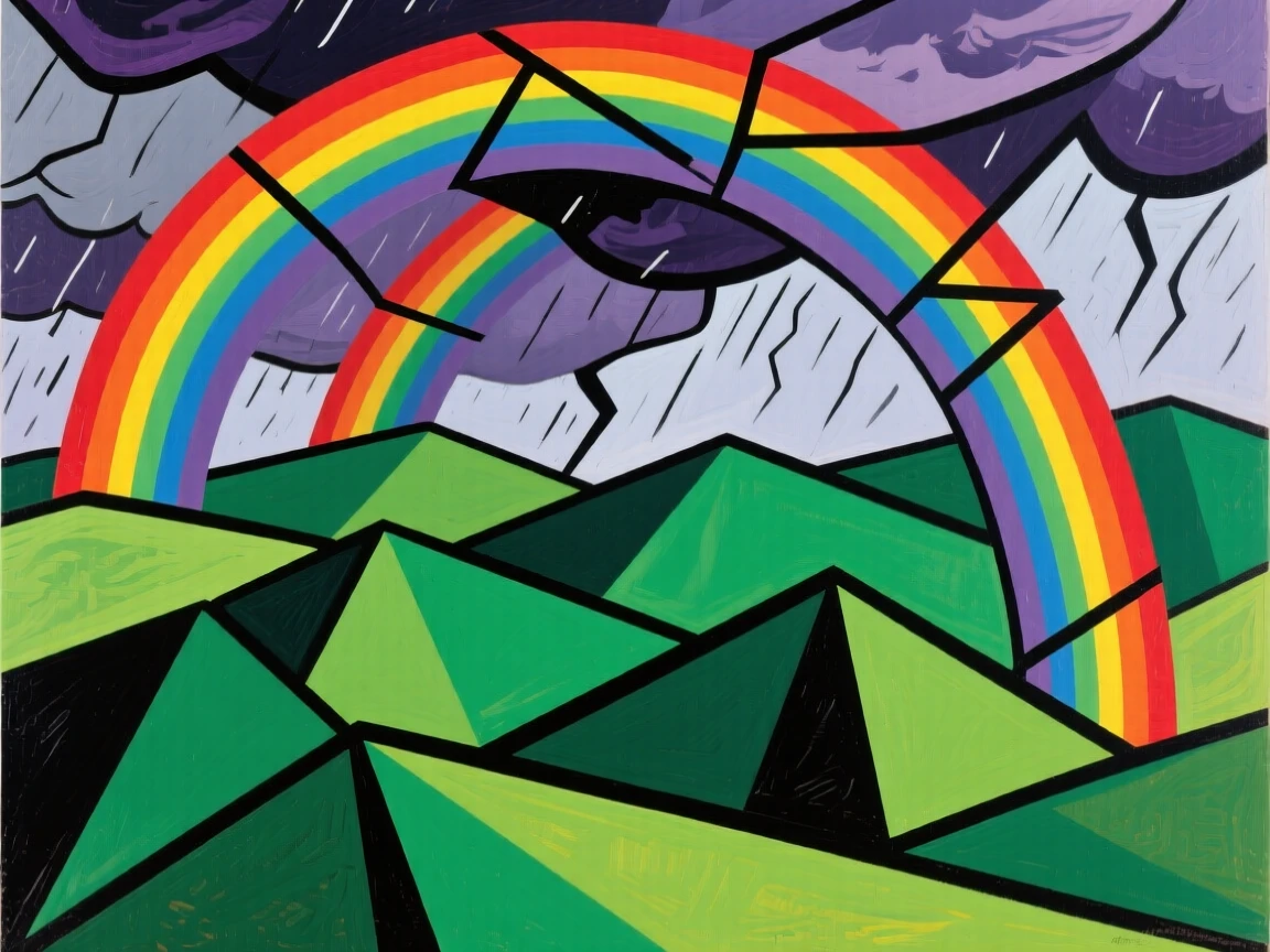 A vivid double rainbow arching over rolling green hills after a summer storm.