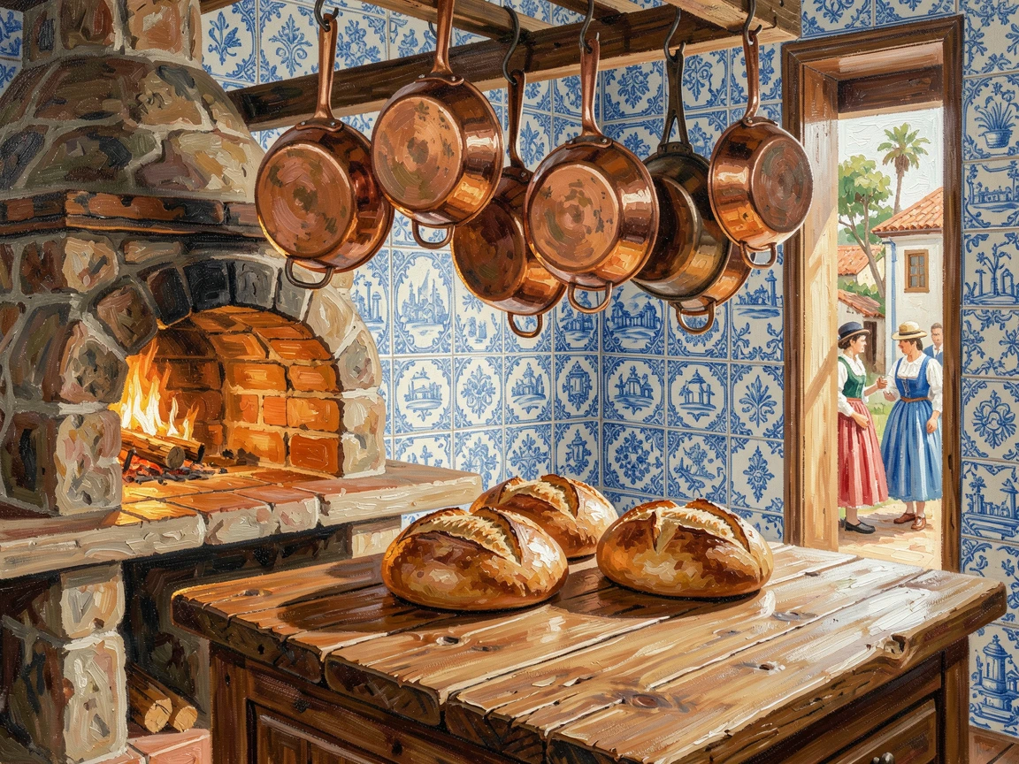 A charming Portuguese tile-covered kitchen shows copper pots hanging above a wood-fired oven, fresh bread cooling on a rustic wooden counter, local life visible in the background, adding a quiet sense of authenticity to the scene.
