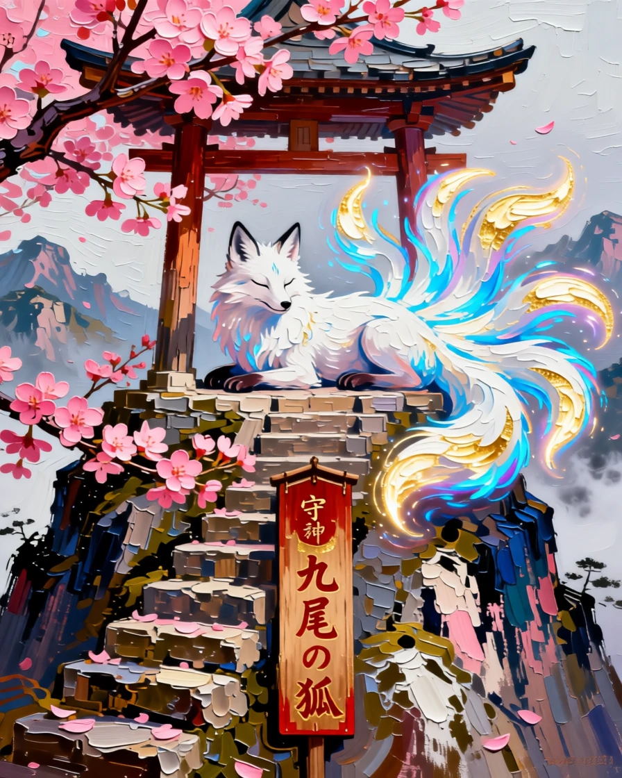 a spirit fox with nine glowing tails resting atop a mountain shrine wrapped in cherry blossoms