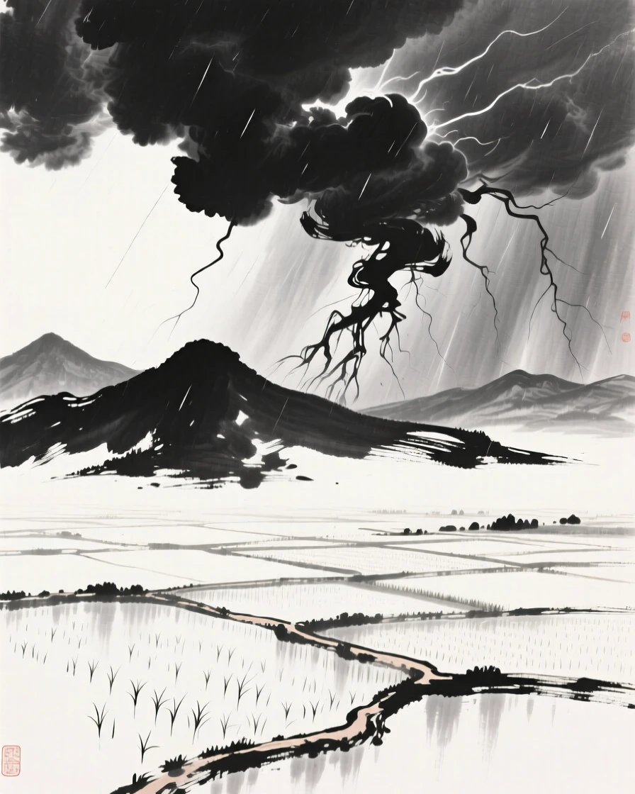 A thunderstorm gathers over distant mountains on a humid summer afternoon, as heat shimmers faintly above the fields.