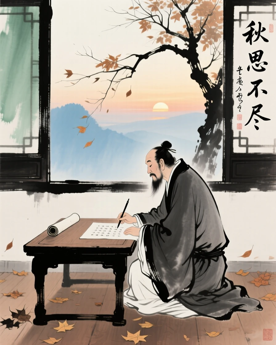 A scholar seated at a low table composing poetry beside an open window, carrying a mood of wistful nostalgia, in late autumn, in the quiet hour before sunrise.