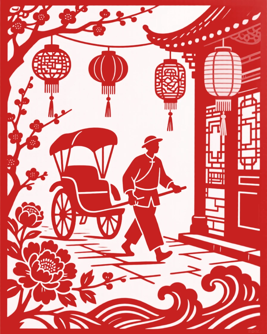 A rickshaw puller, walking home along a lantern-lit street, in a gentle reminder of life's small pleasures.