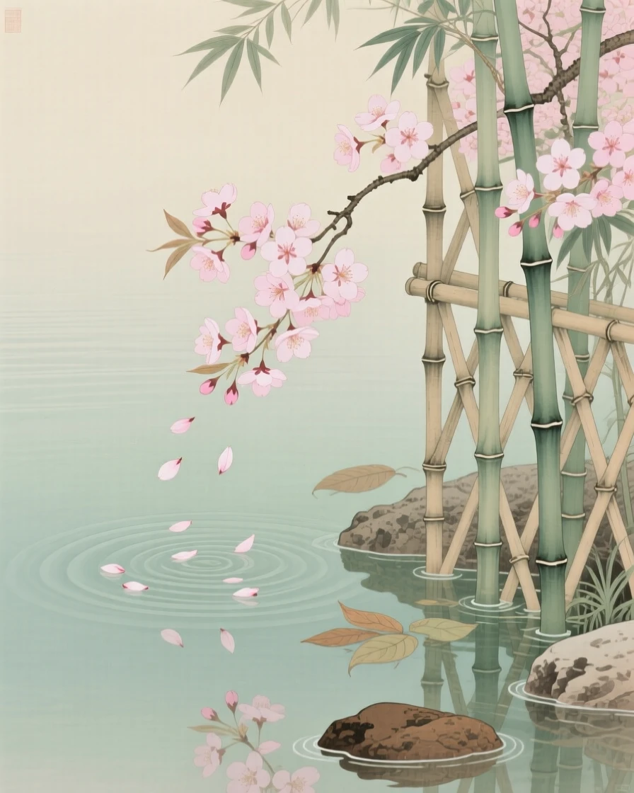 Cherry blossoms drifting onto a still pond climbing a bamboo trellis in early summer