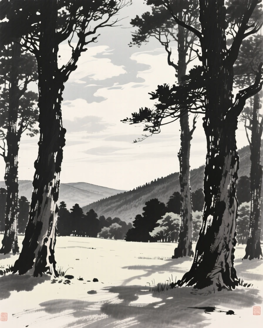 A quiet forest clearing dappled with soft light under a wide open sky scattered with drifting clouds, framed through a gap in the trees, revealing the valley beyond, conveying calm reflection and gentle isolation.