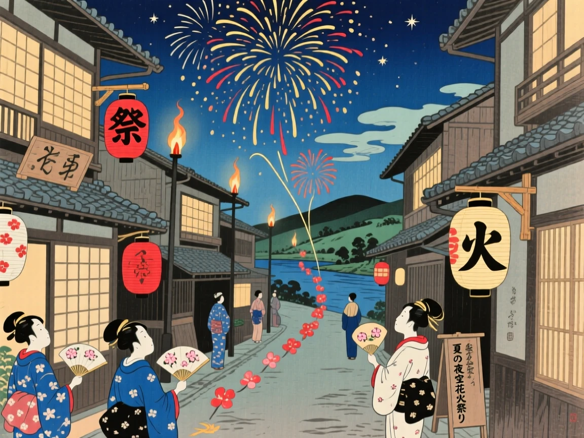 A fireworks display moving slowly through a torch-lit street.