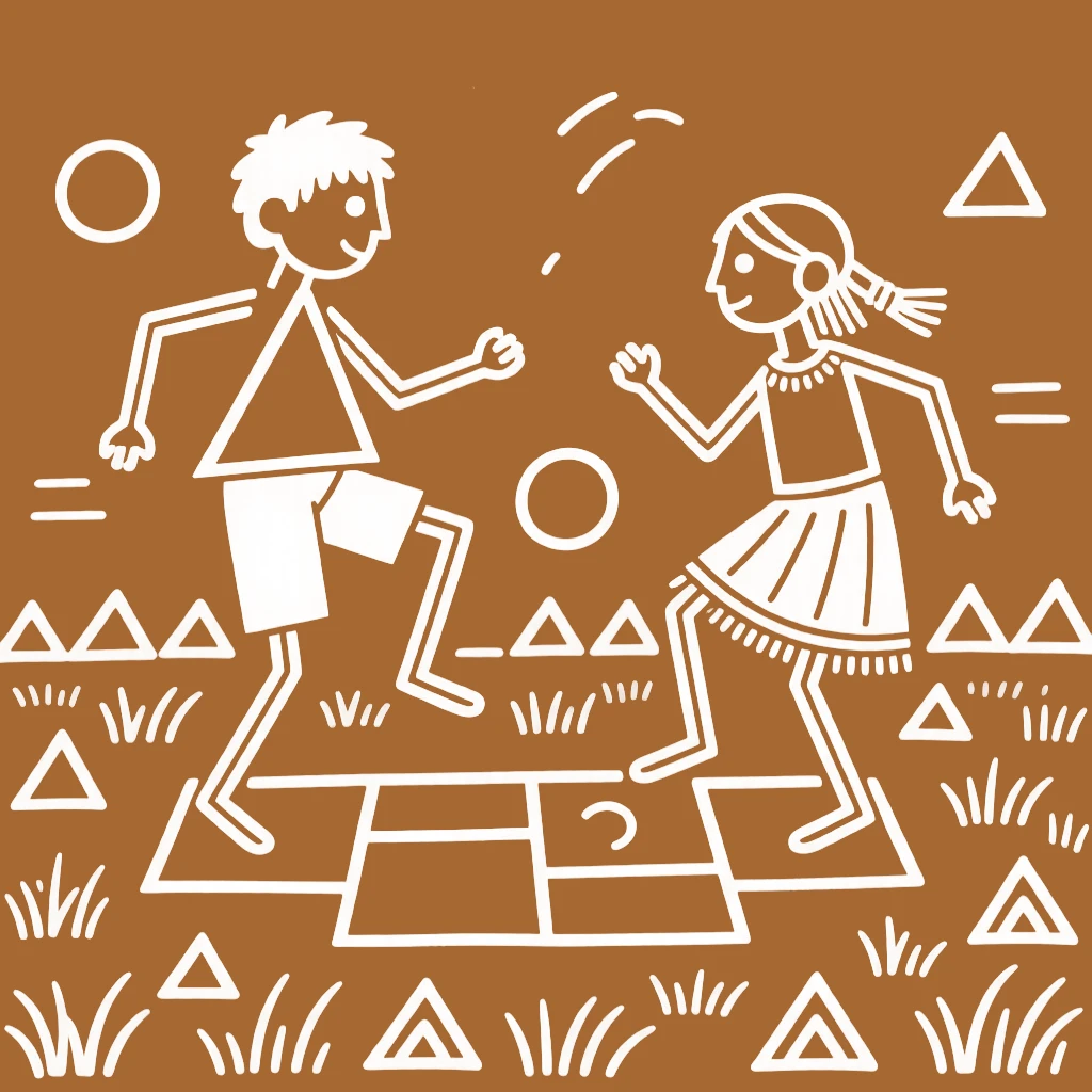 Two young siblings playing a traditional hopping game.