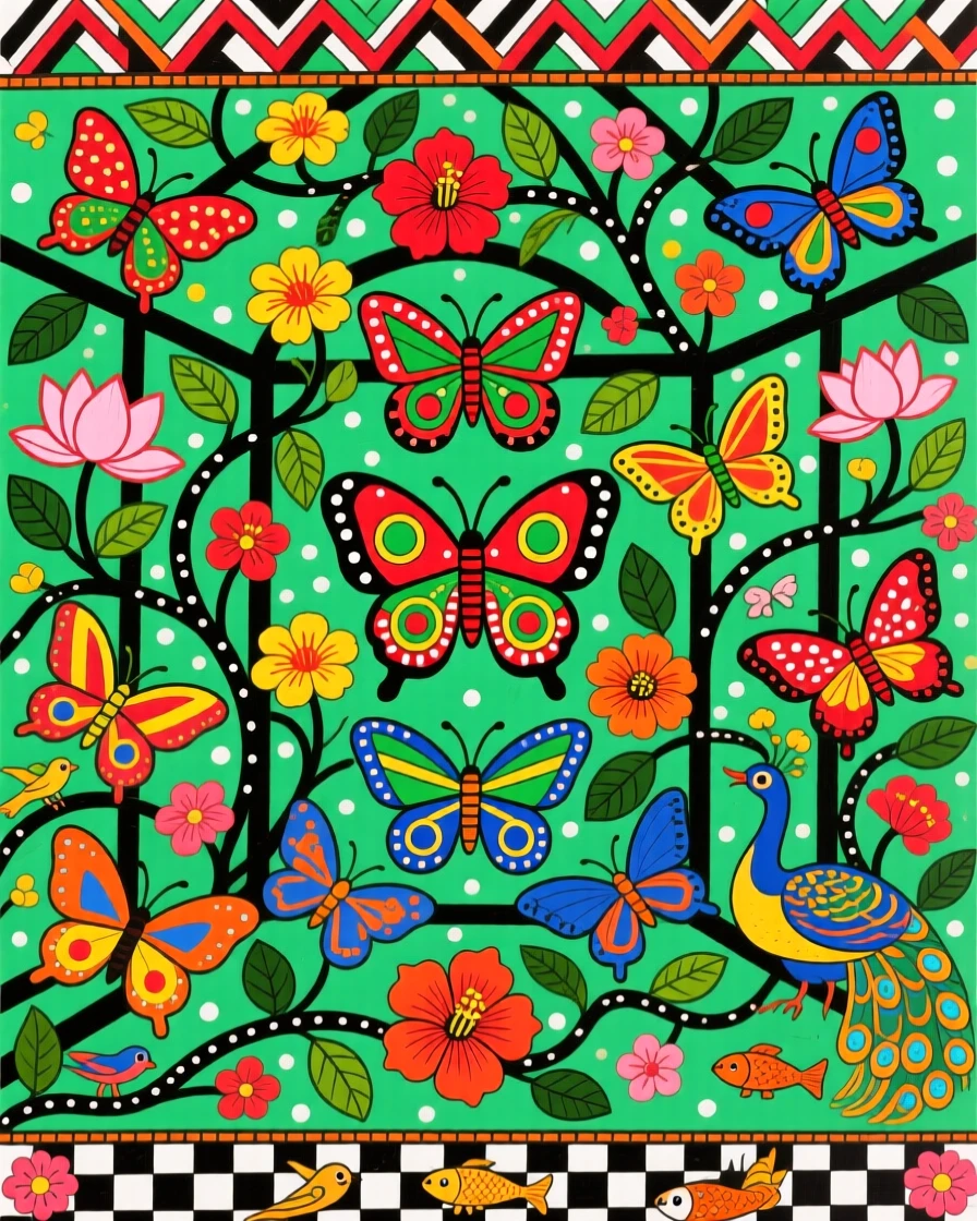 A conservatory filled with butterflies drifting among blooming vines.