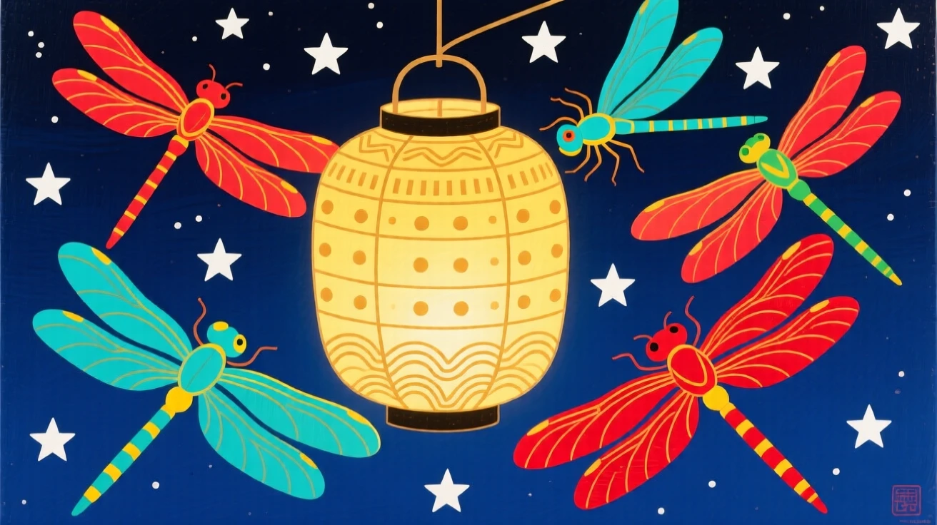A dragonfly gathered around a paper lantern at night.
