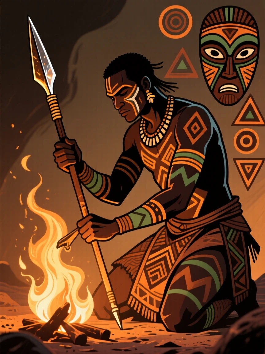 A warrior polishing his spear tip in the firelight.