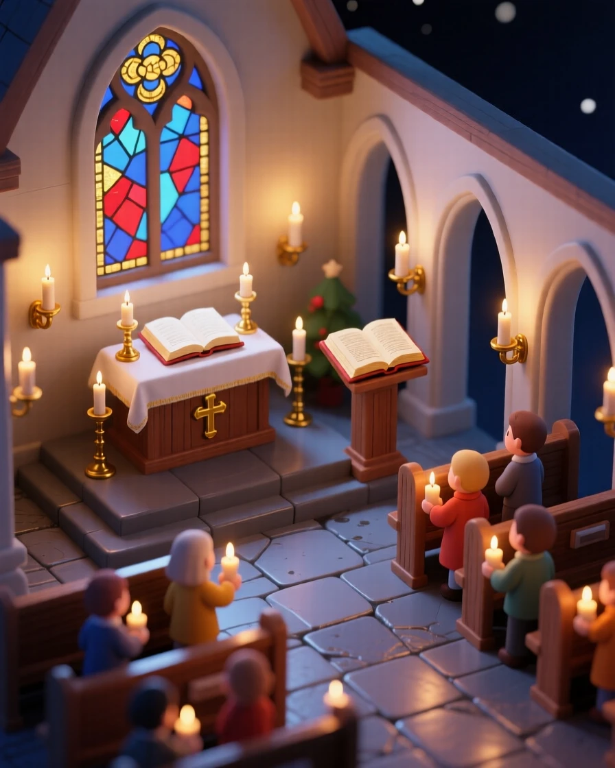 A Christmas Eve church service scene with candles being lit one by one, stained glass glowing softly in the dark.
