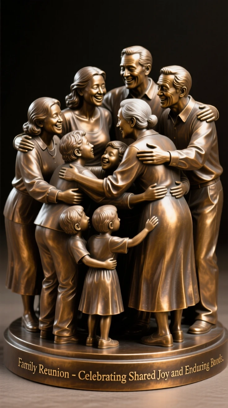 A family reunion filled with warm embraces, evoking timeless human connection, celebrating shared human joy