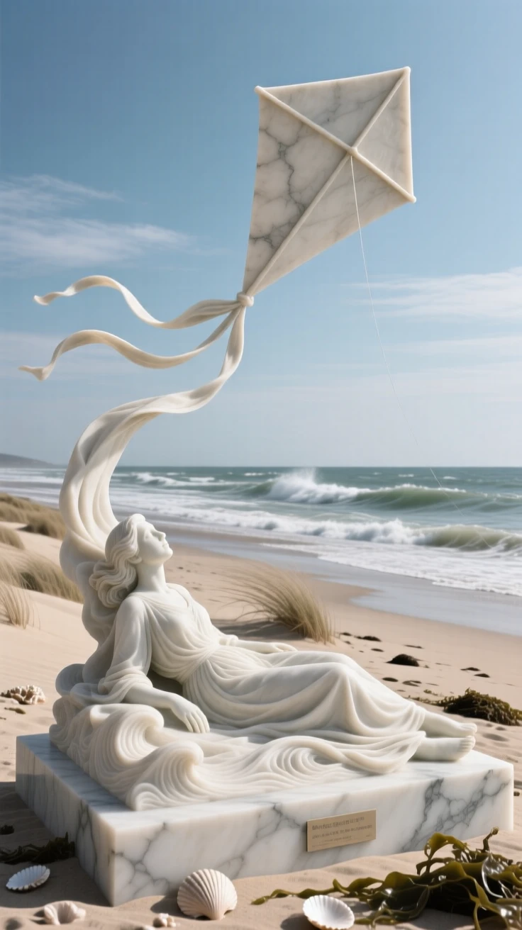 An evocative depiction of a kite flying high above a windswept beach, captured with cinematic depth and detail, balancing detail with emotional depth