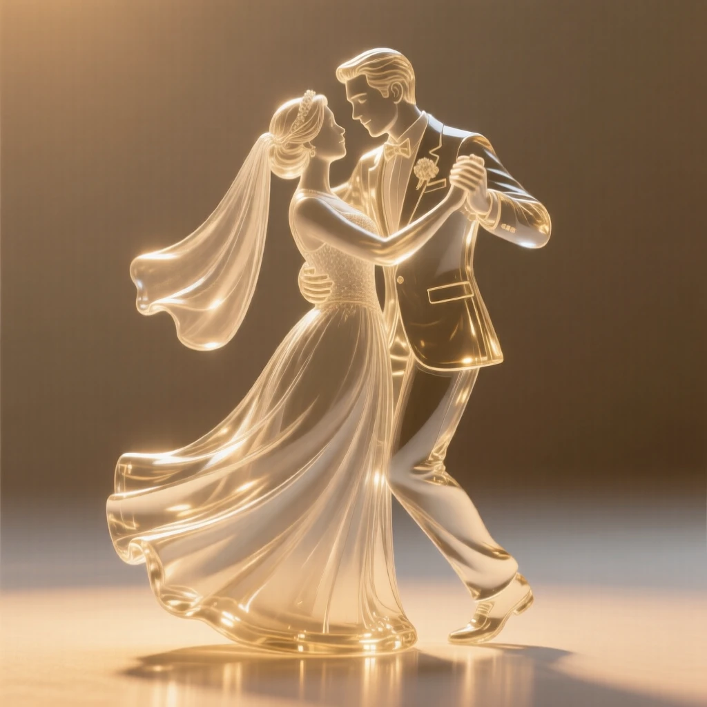 With warm light glowing softly in the background, a newlywed couple sharing their first dance, while a warm light settles over the whole scene