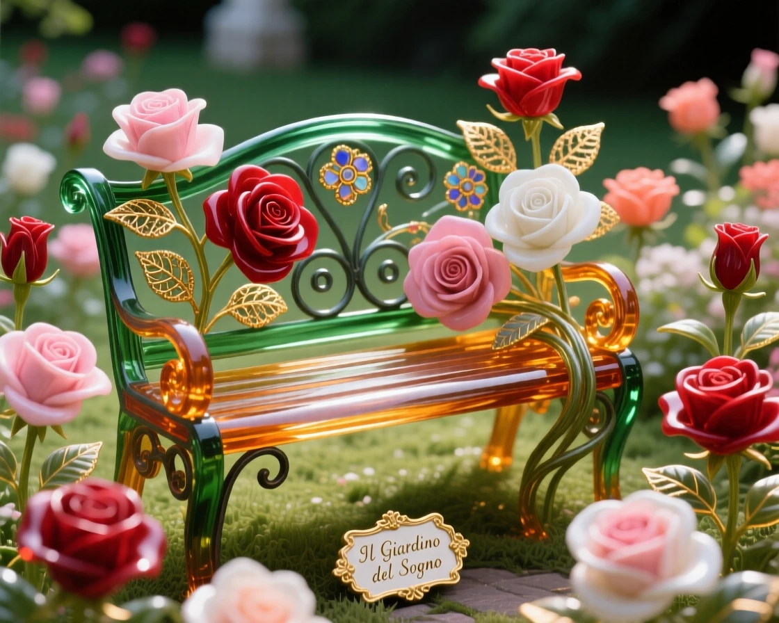 A field of blooming roses arranged around a quiet garden bench, romantic and inviting.