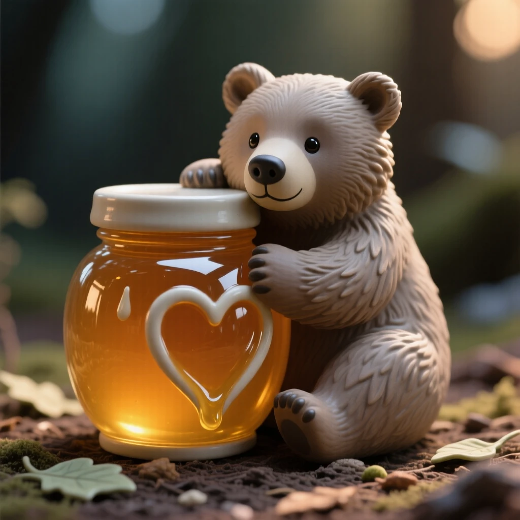 A bear cub hugging a jar of honey gathered together in a heartwarming tableau, bathed in the soft glow of a magical evening, capturing the magic of imaginative make-believe.