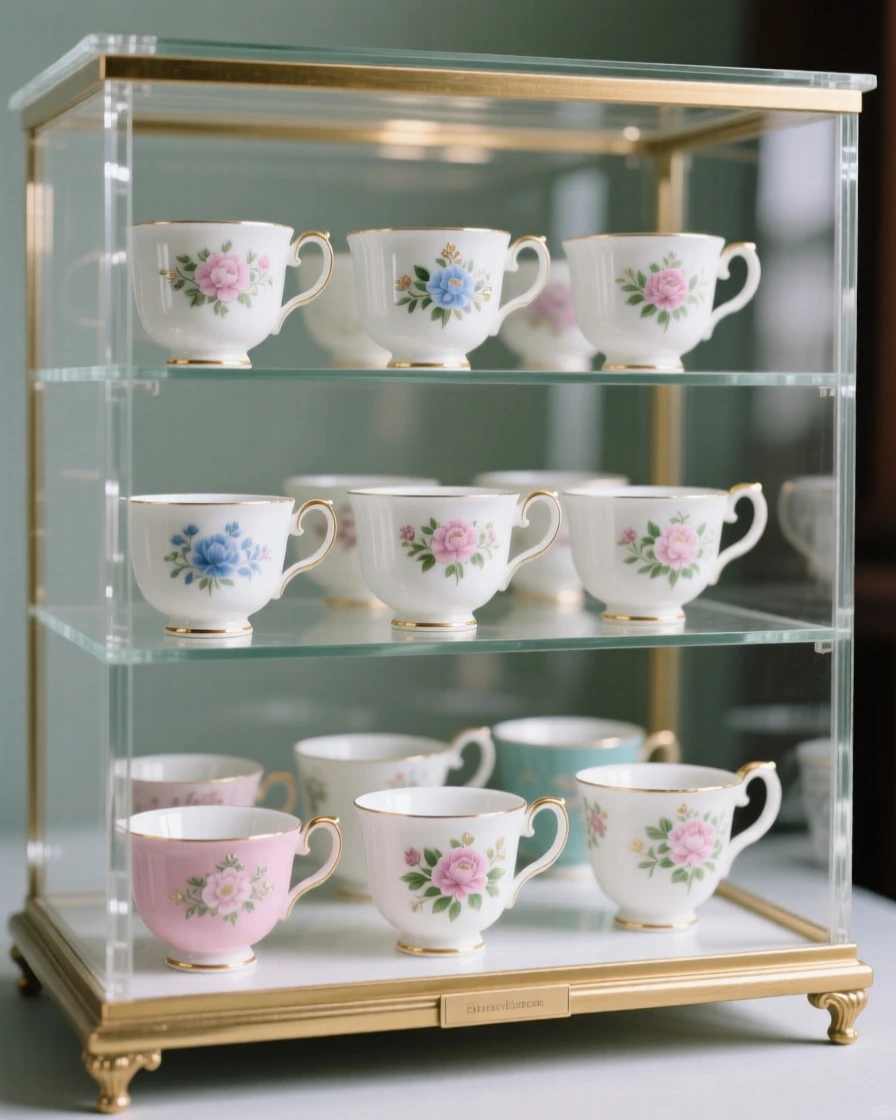 A collection of vintage teacups arranged in a glass display case, evoking a sense of collected treasure.