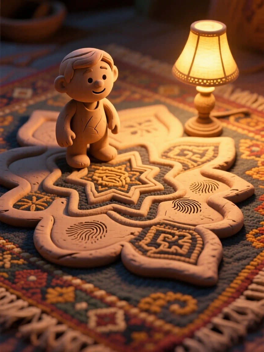 A traditional Persian rug pattern glowing beneath warm lamplight