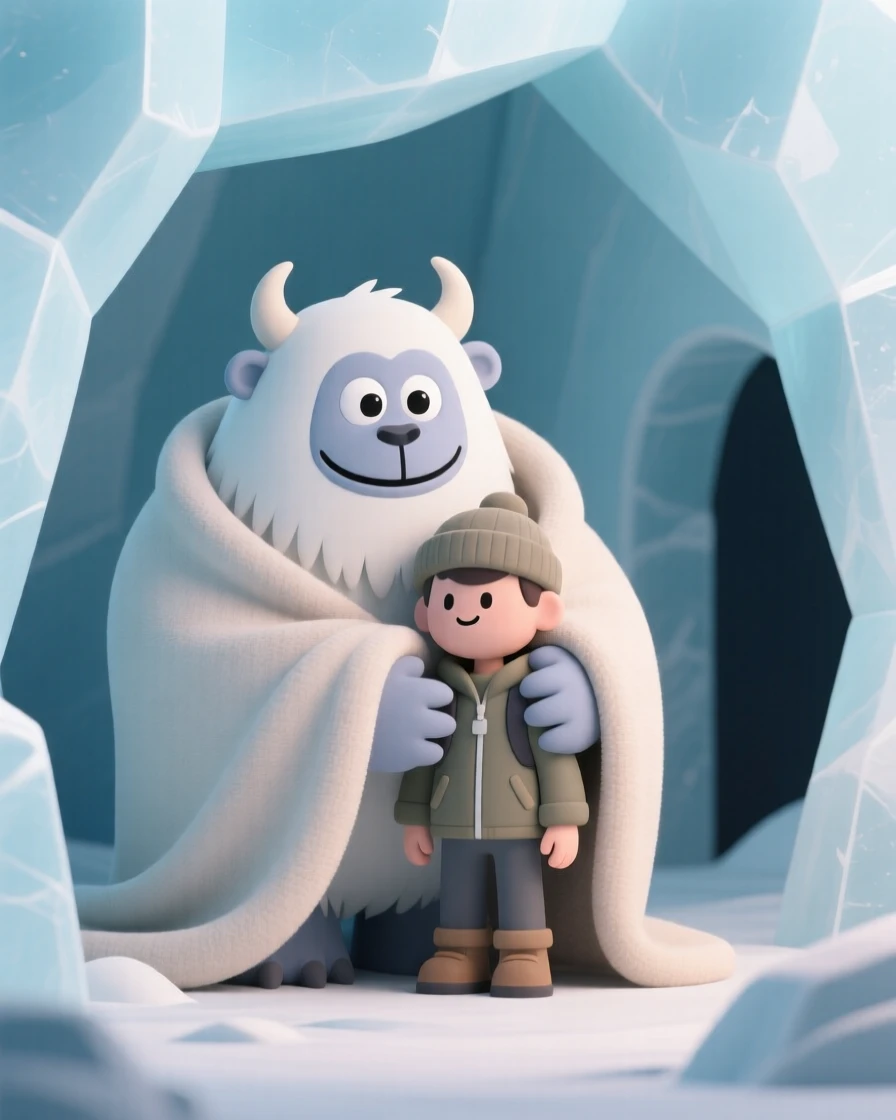 A gentle yeti wraps a warm blanket around a lost mountain climber inside a cozy ice cave.