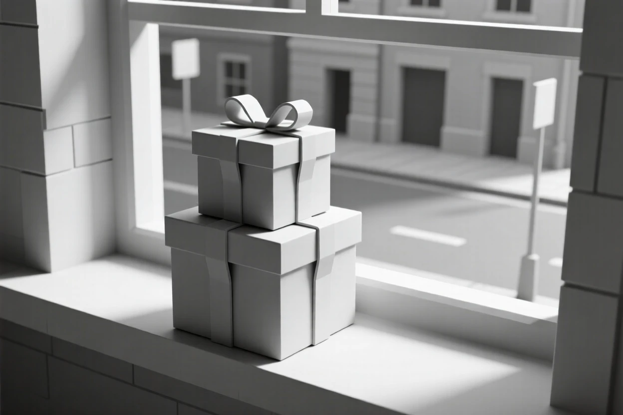 A stack of wrapped gifts tied with ribbon, on a windowsill overlooking a quiet street. fine textures and material details are clearly visible. It evokes a feeling of gentle nostalgia.