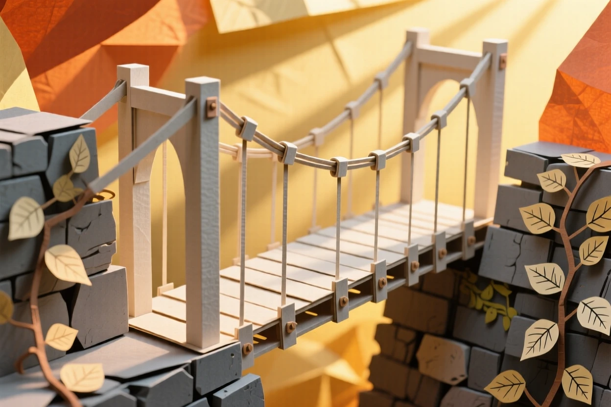 A dramatic suspension bridge bathed in golden late-afternoon light, with ivy climbing along weathered stone walls, capturing a sense of awe and craftsmanship.