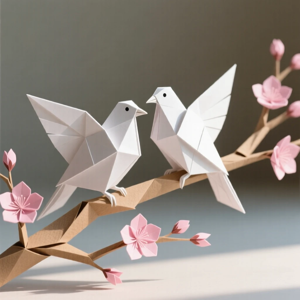 A stylized dove pair perched together on a blossoming branch, centered composition.
