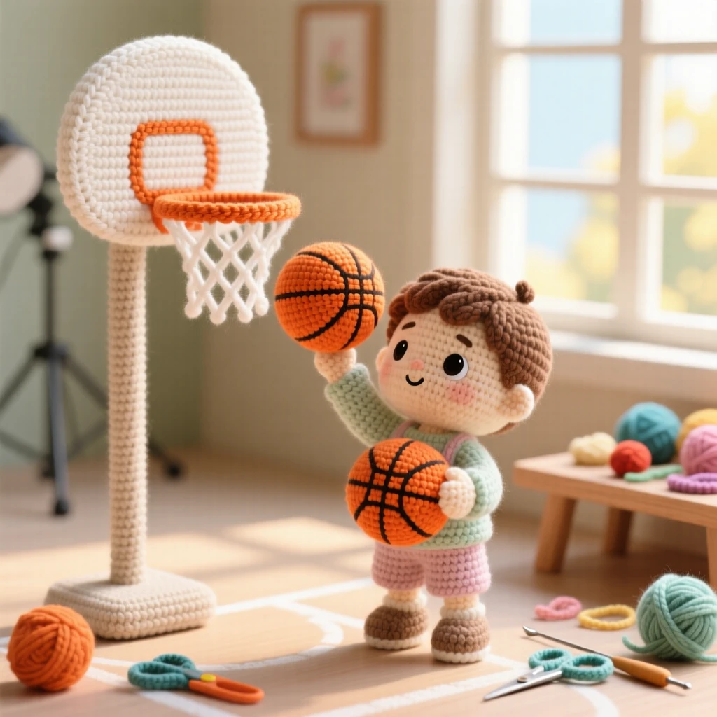 a small boy practicing basketball, with a bright orange ball, shooting toward a small hoop, in a sunlit studio with large windows, with a scattering of craft supplies on the table, radiating focused determination and quiet pride.