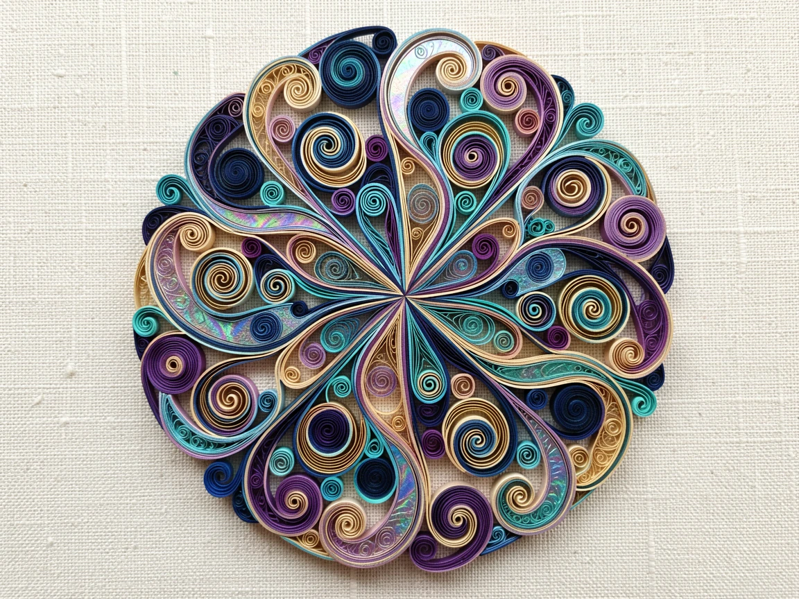 a swirling paisley pattern arranged in a perfect circle, displayed on a textured linen backdrop, with perfect radial symmetry from the center outward, with a subtle iridescent shimmer.