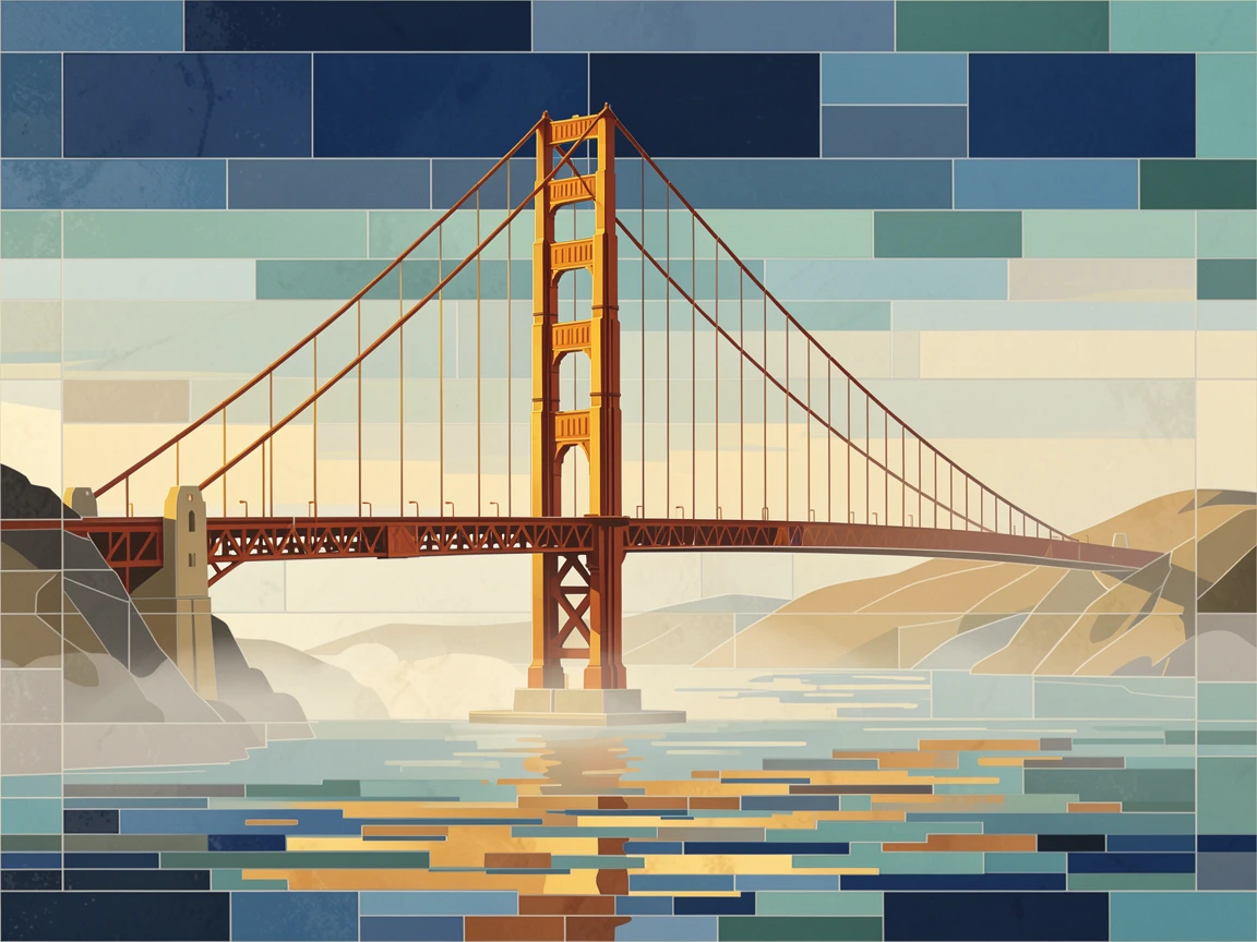 A breathtaking wide-angle view of the Golden Gate Bridge emerging from morning fog, with rich warm lighting and fine architectural detail.