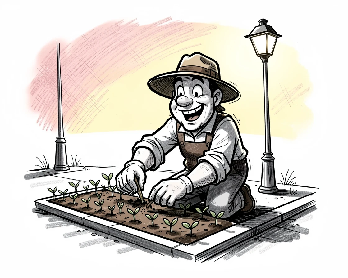 A gardener planting seedlings in neat rows on a quiet street corner at dusk.