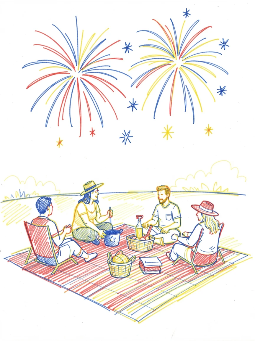 A festive Fourth of July picnic with fireworks bursting overhead