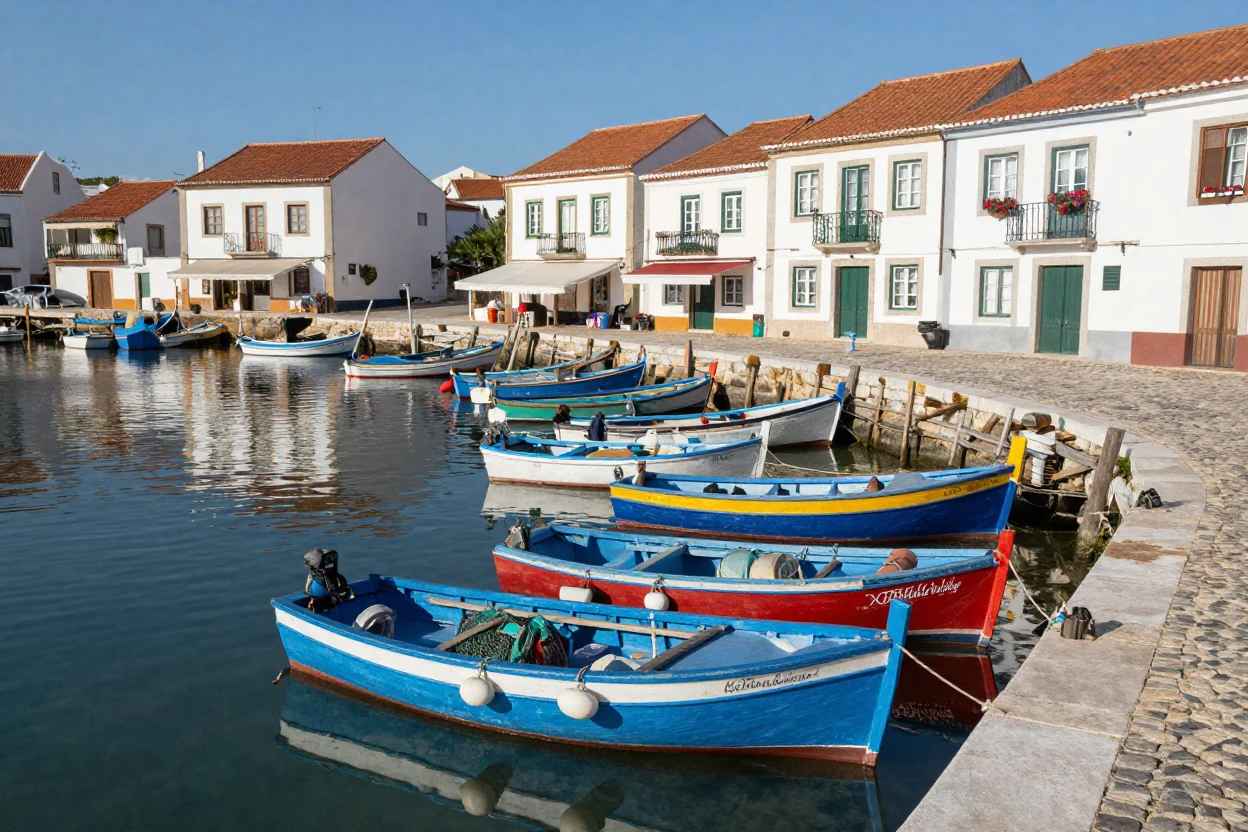 A Portuguese fishing village with colorful boats docked