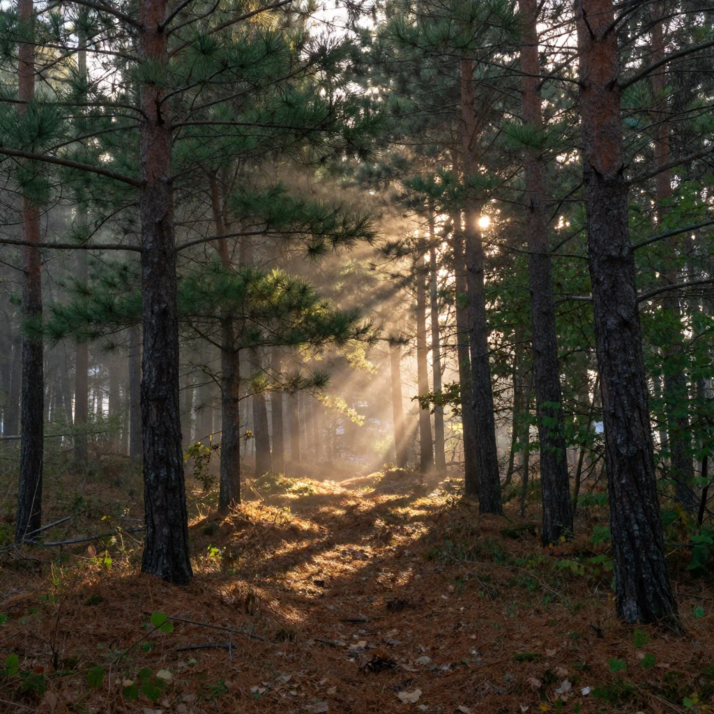 A misty pine forest glows gold as morning light breaks through the canopy.