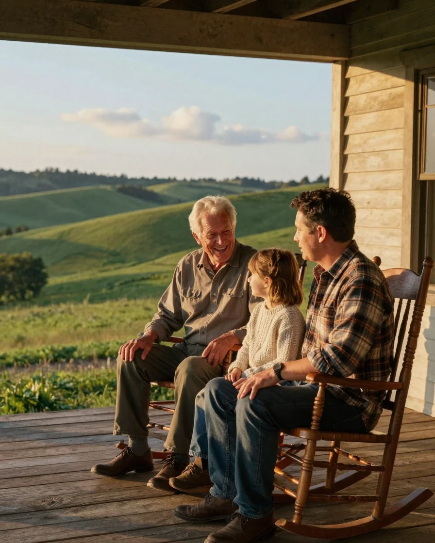 Three generations of a family gathered on a wooden porch overlooking rolling hills, telling old stories