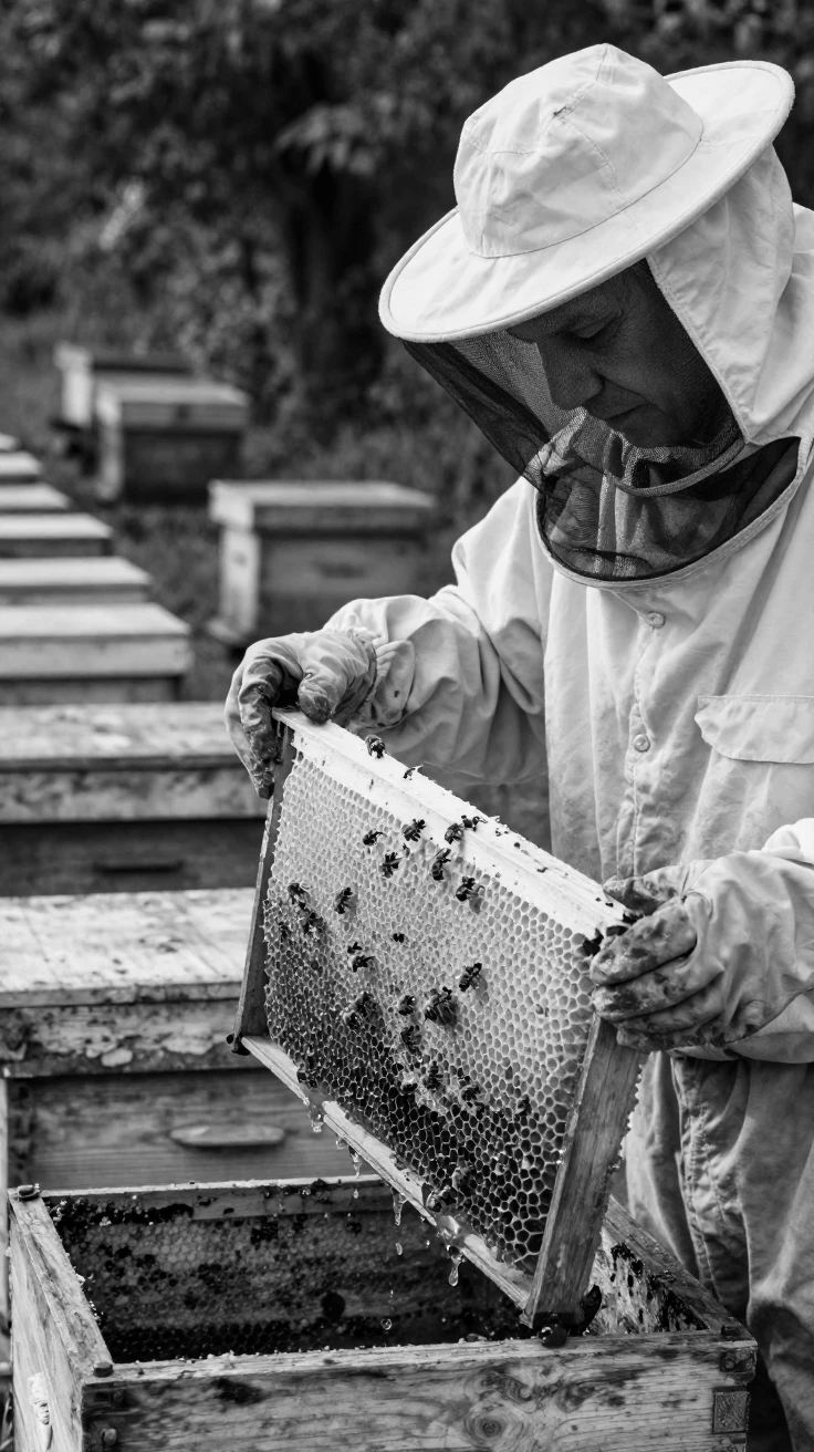 A beekeeper lifts a honeycomb frame dripping with honey beside rows of wooden hives.