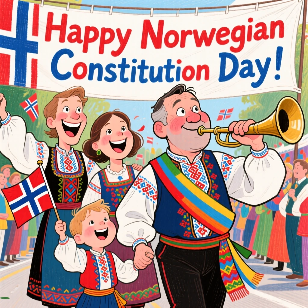 A family celebrating a traditional Norwegian Constitution Day parade in folk costumes.